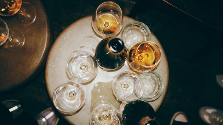 overhead view of glasses on a bar table